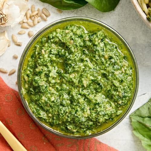 Overhead view of a bowl of budget friendly pesto.