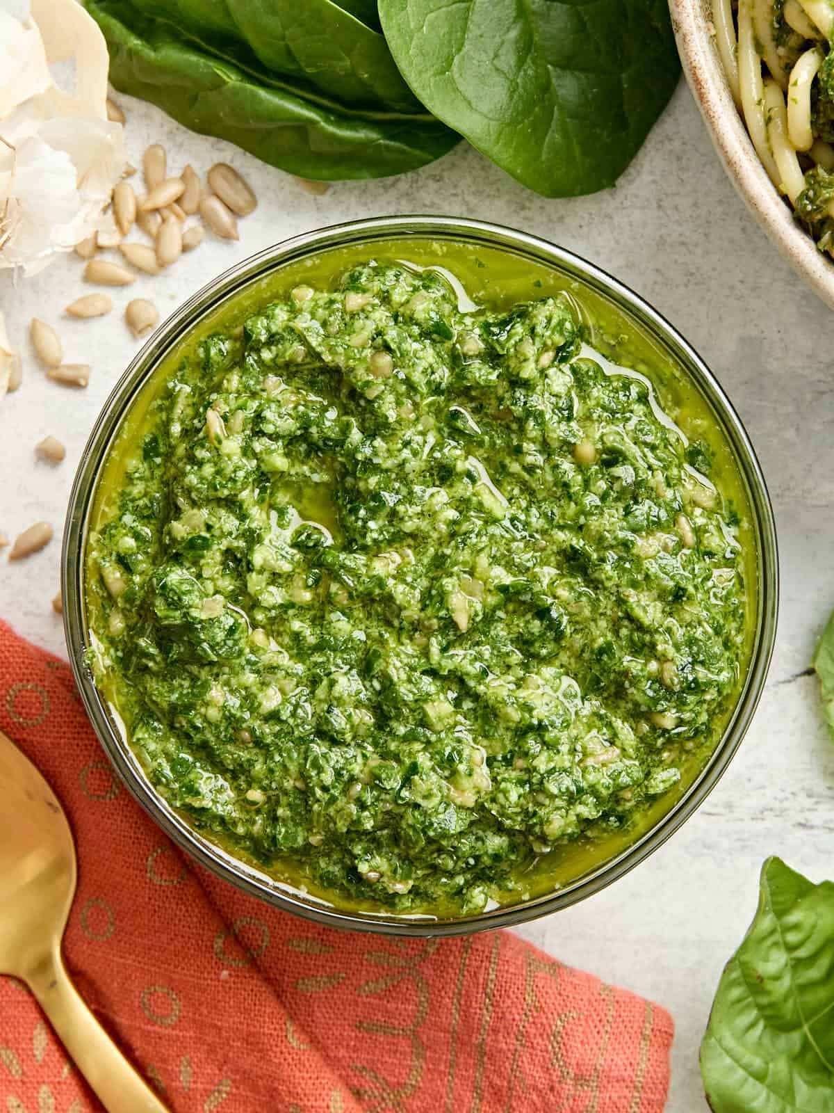 Overhead view of a bowl of budget friendly pesto.