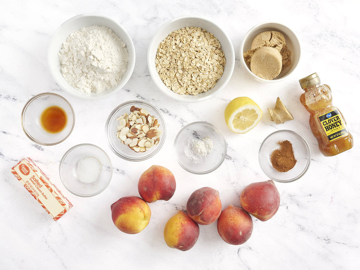 Ingredients to make peach crisp.