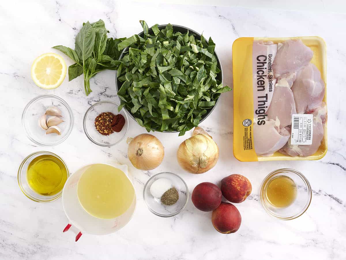 The ingredients to make Braised Chicken and Peaches.