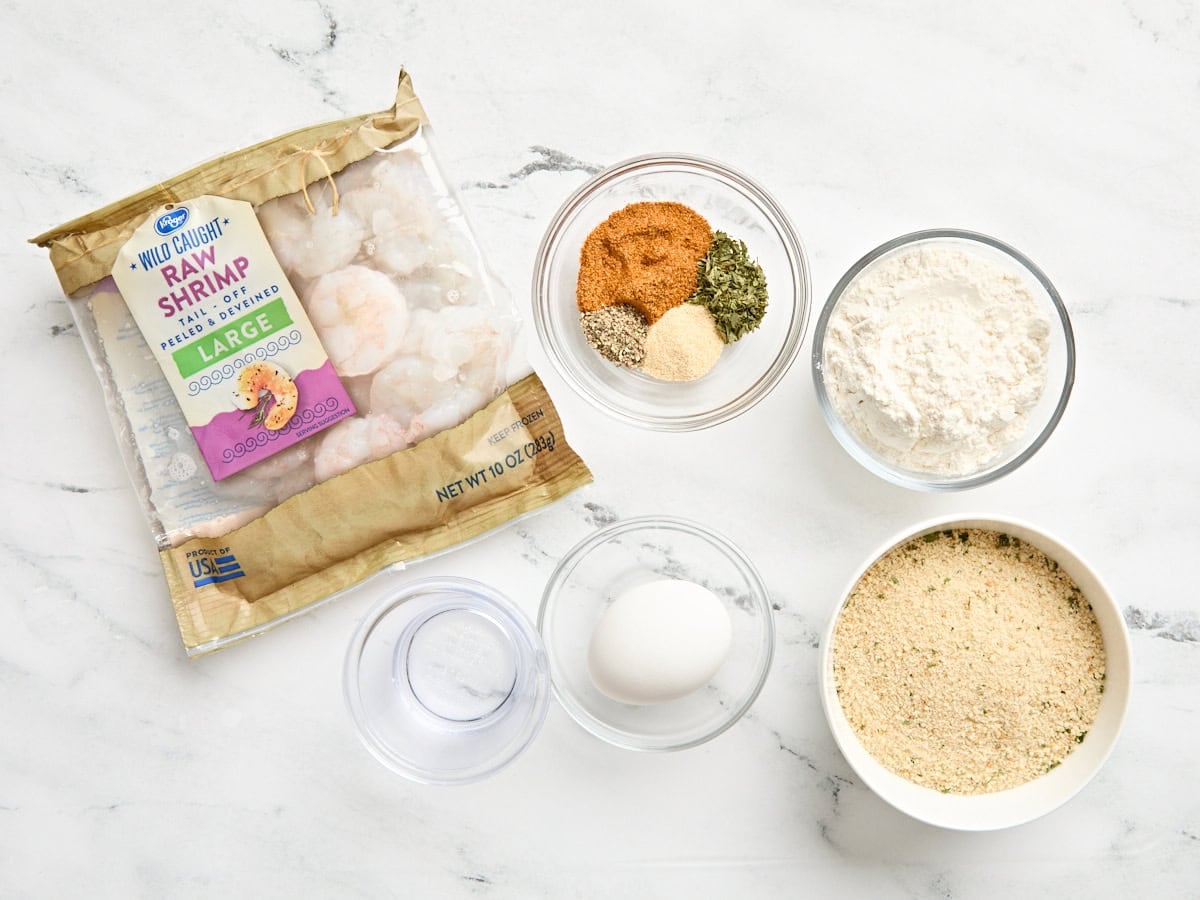 The ingredients to make air fryer fried shrimp.