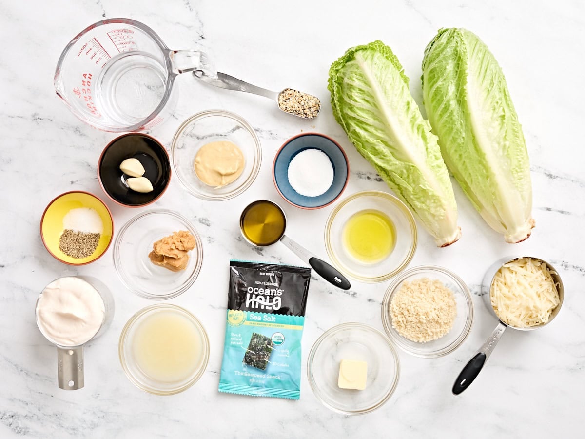 The ingredients for grilled romaine caesar salad.
