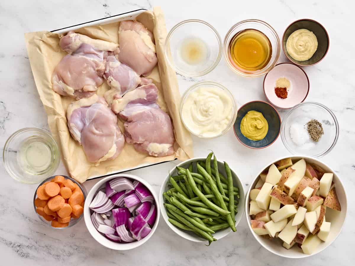 The ingredients for sheet pan honey mustard chicken and veggies.
