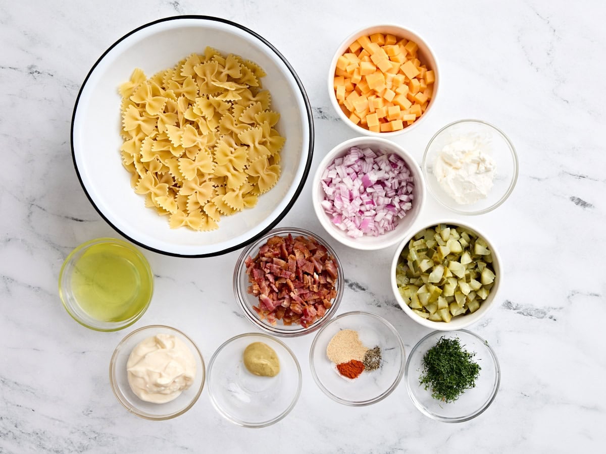 The ingredients for dill pickle pasta salad.