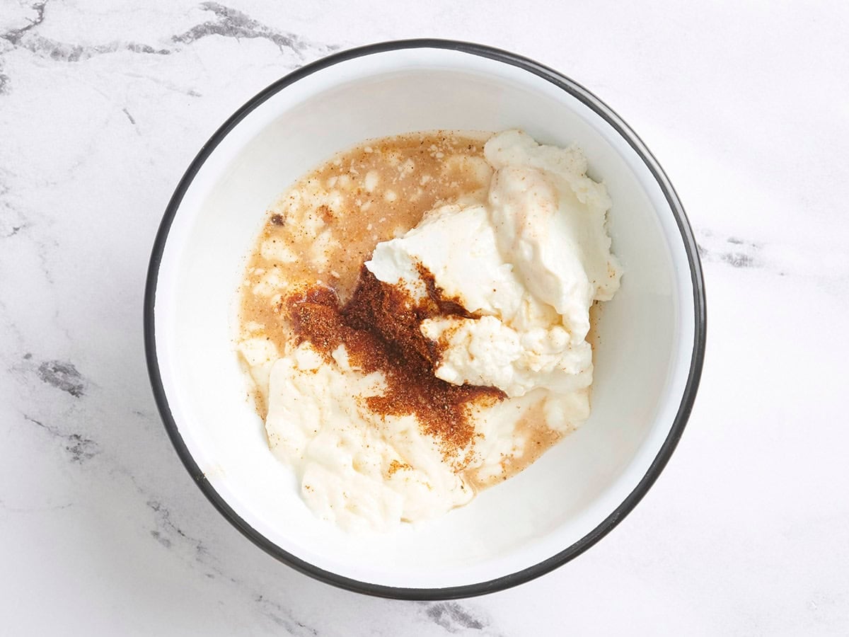 The dressing for elote pasta salad in a bowl.