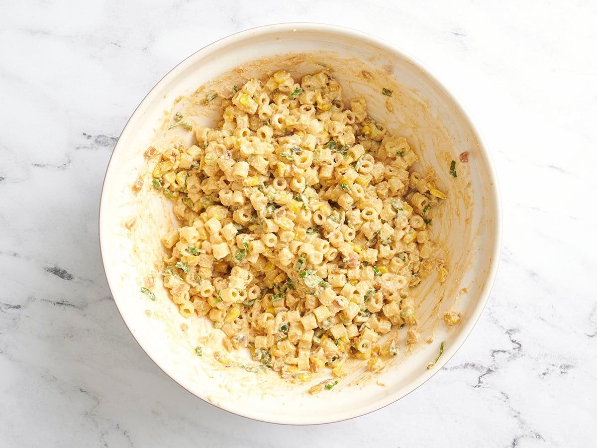 Elote pasta salad in a bowl.