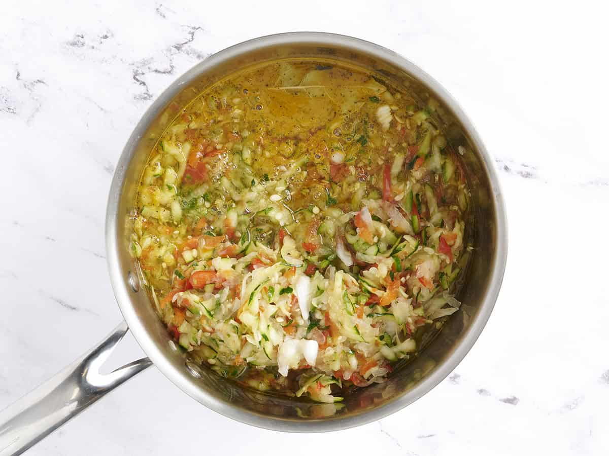 Zucchini relish mixture in a saucepan.