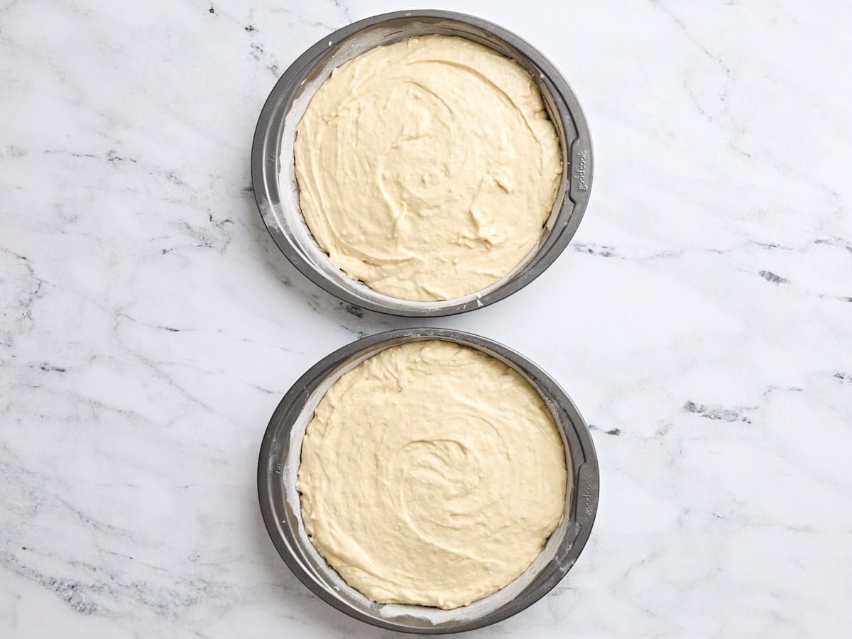 Classic vanilla cake batter in two round cake pans.