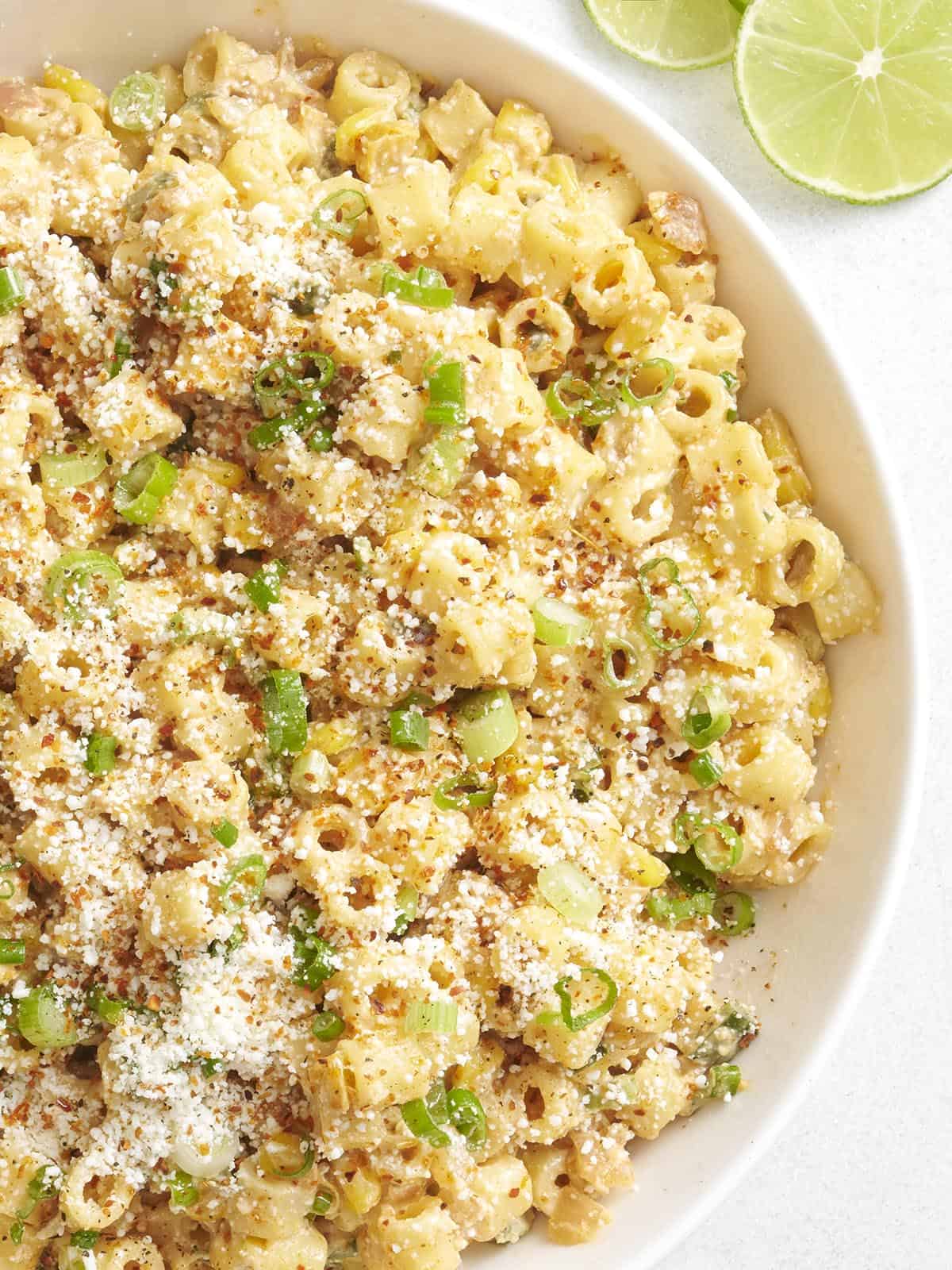 Overhead close up of a elote street corn pasta salad.