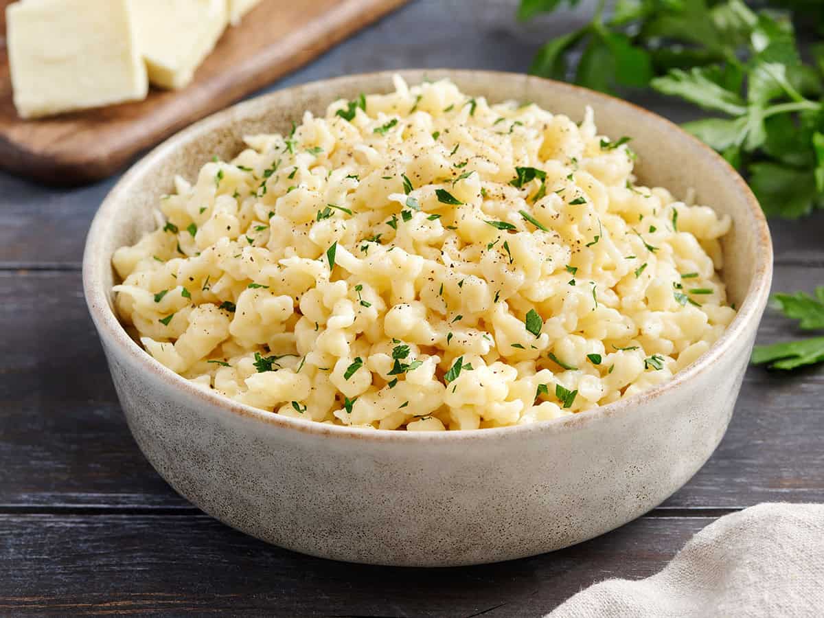 Side view of a bowl of Spaetzle.