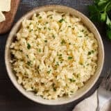 Overhead view of a bowl of Spaetzle.