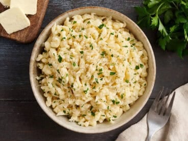 Overhead view of a bowl of Spaetzle.