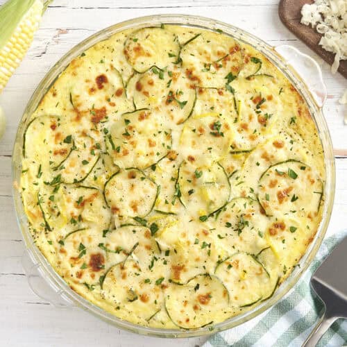 Overhead view of sweet corn and zucchini pie.