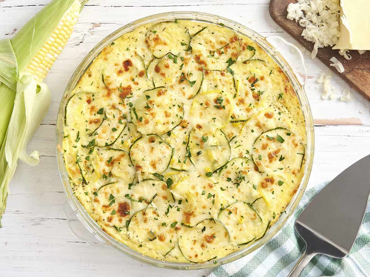 Overhead view of sweet corn and zucchini pie.