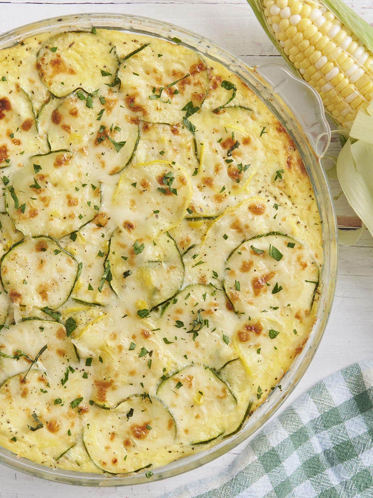 Overhead close up of sweet corn and zucchini pie.