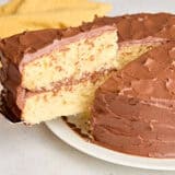 A homemade vanilla cake with chocolate frosting, with a slice being taken.