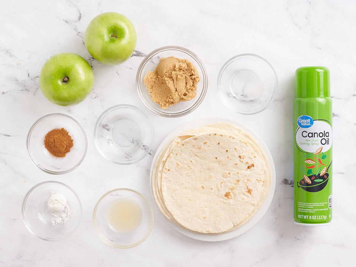 The ingredients to make air fried apple flautas.