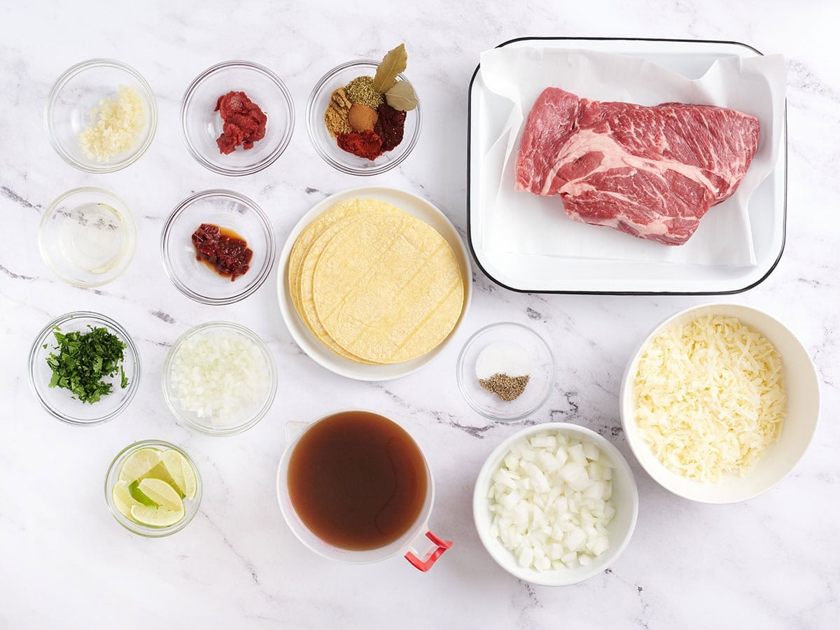 The ingredients to make birria tacos.