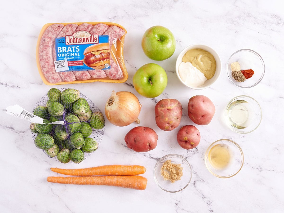 The ingredients to make sheet pan brats and vegetables.
