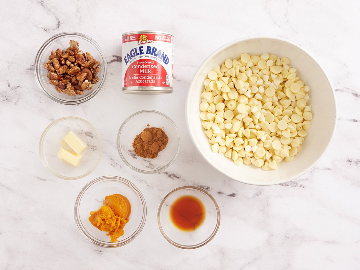 The ingredients for pumpkin spice fudge.