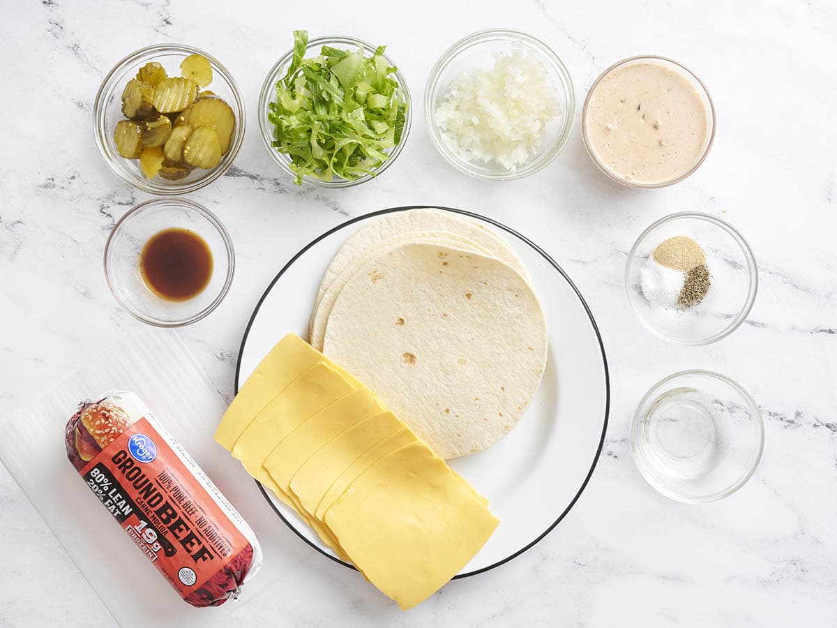 The ingredients to make homemade smash burger tacos.