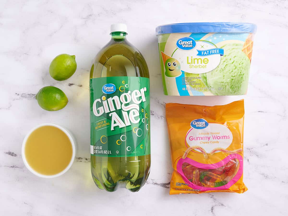 The ingredients to make witches brew halloween punch.