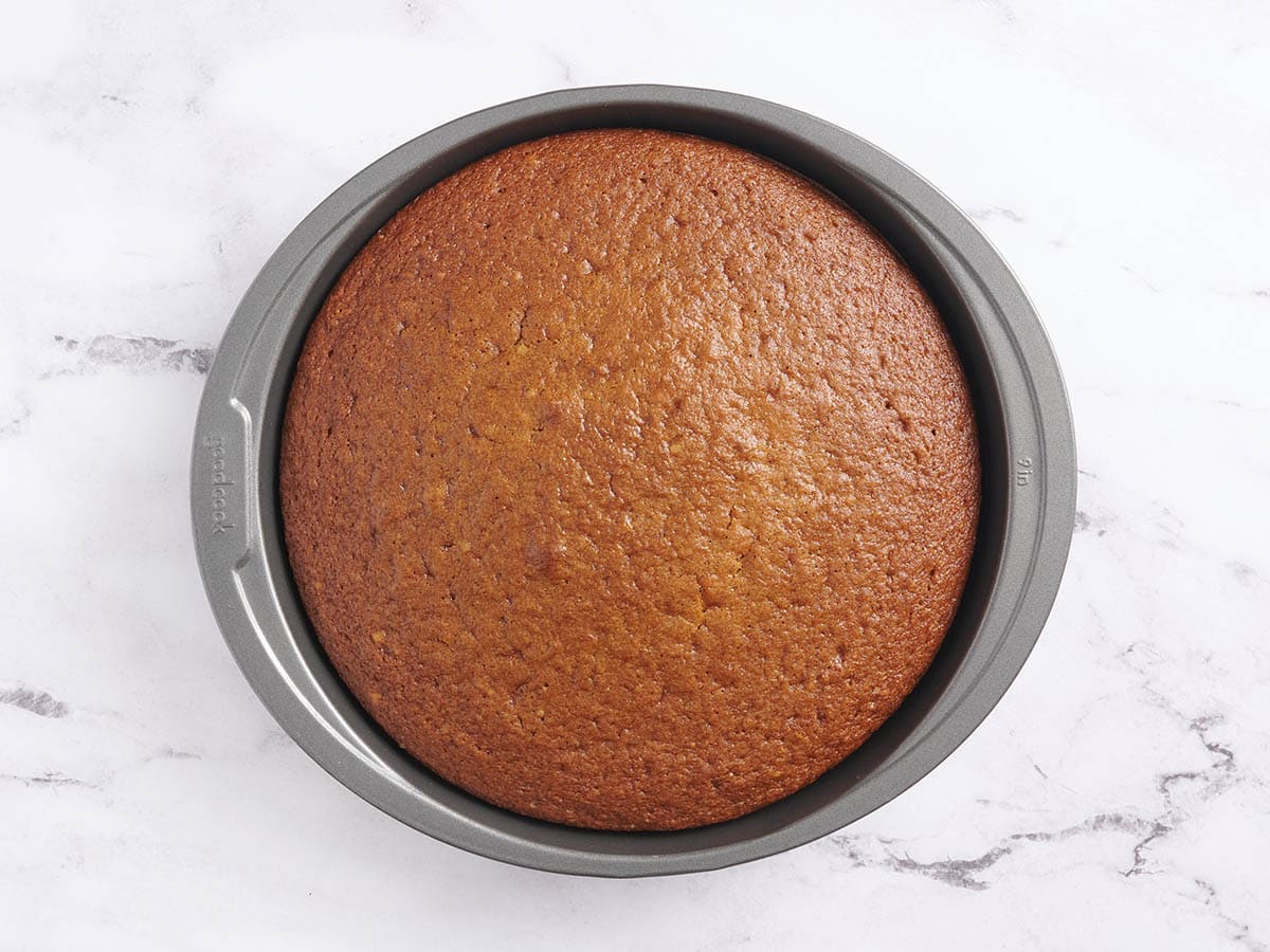 A homemade spiced cake in a cake pan.