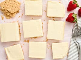 Overhead view of homemade cheesecake bars.