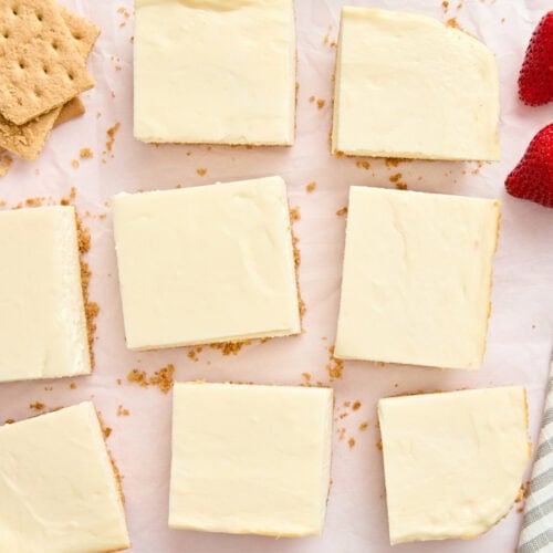 Overhead view of homemade cheesecake bars.