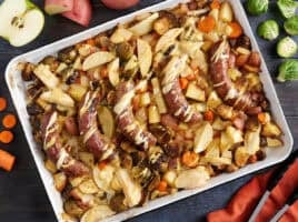 Overhead view of Oktoberfest sheet pan brats.