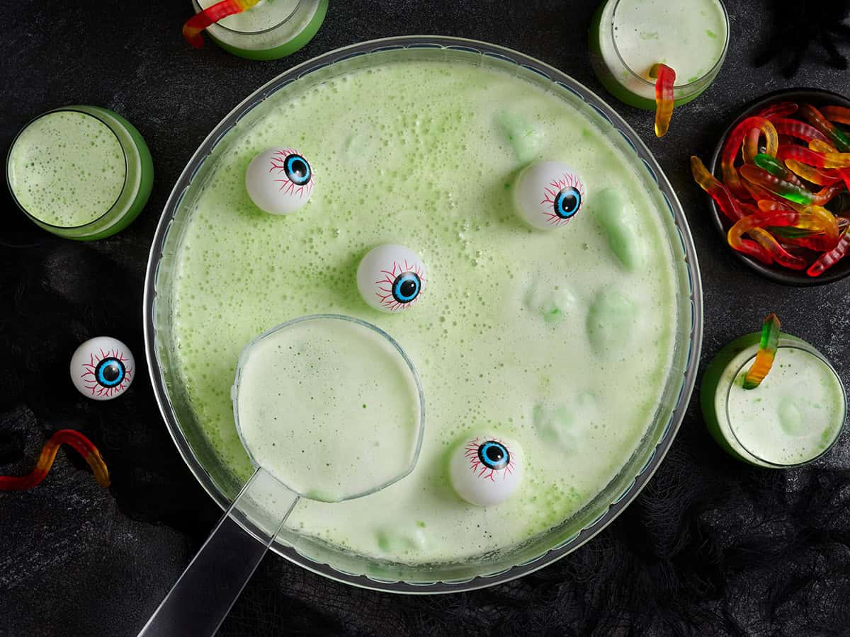 Overhead view of a bowl of witches brew halloween punch.