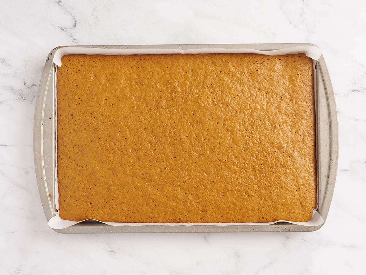 flat pumpkin cake out of the oven