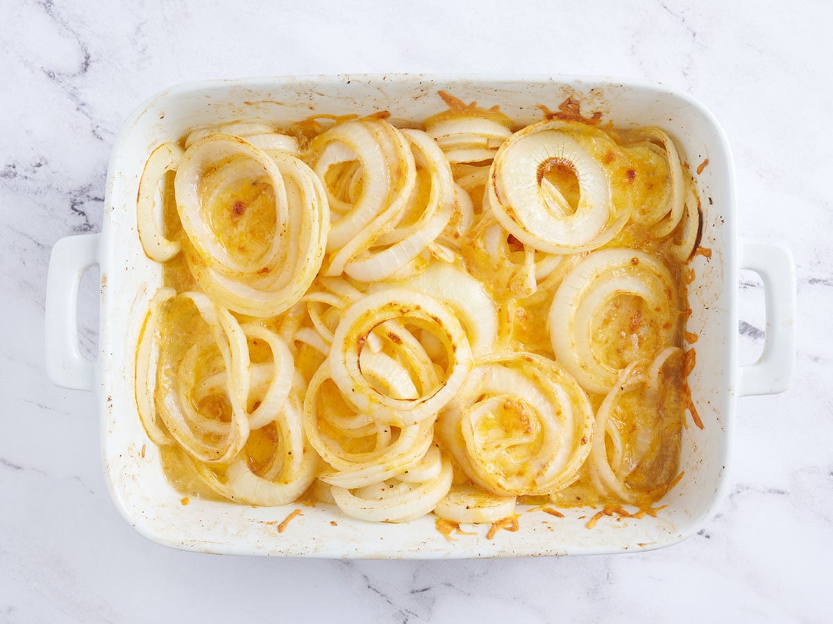 Baked Tennesse onions in a baking dish.