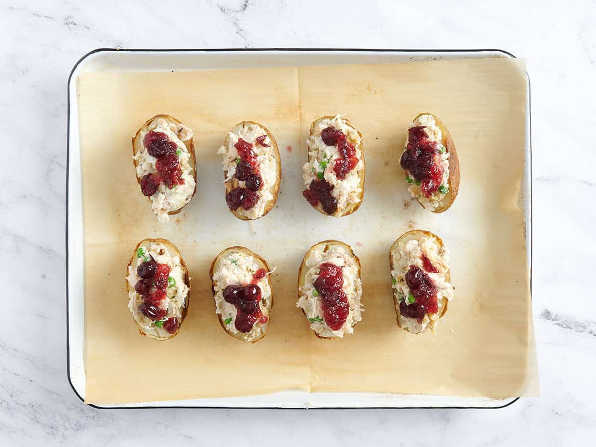 Cranberry sauce added to thanksgiving potato skins.