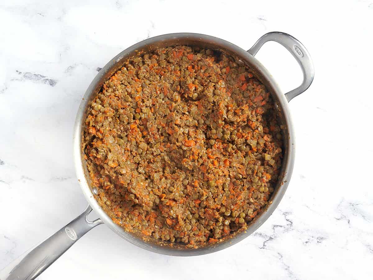 Lentil loaf ingredients in a saucepan.