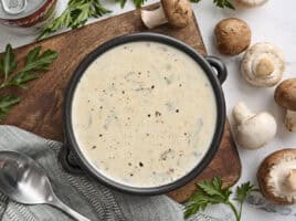 Overhead view of a bowl of cream of mushroom soup.
