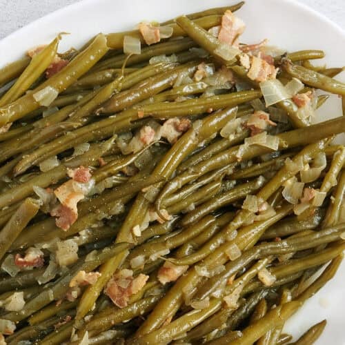 Slow cooker green beans on a platter.