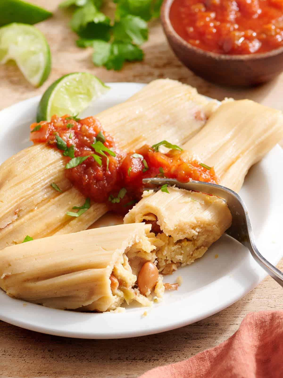 Side view of bean tamales on a plate with salsa.