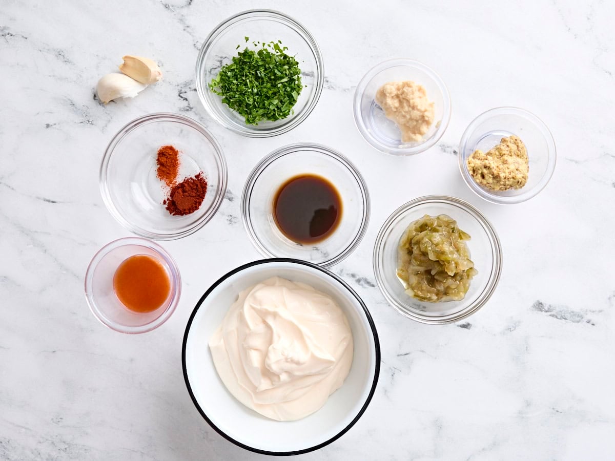 The ingredients to make remoulade sauce.
