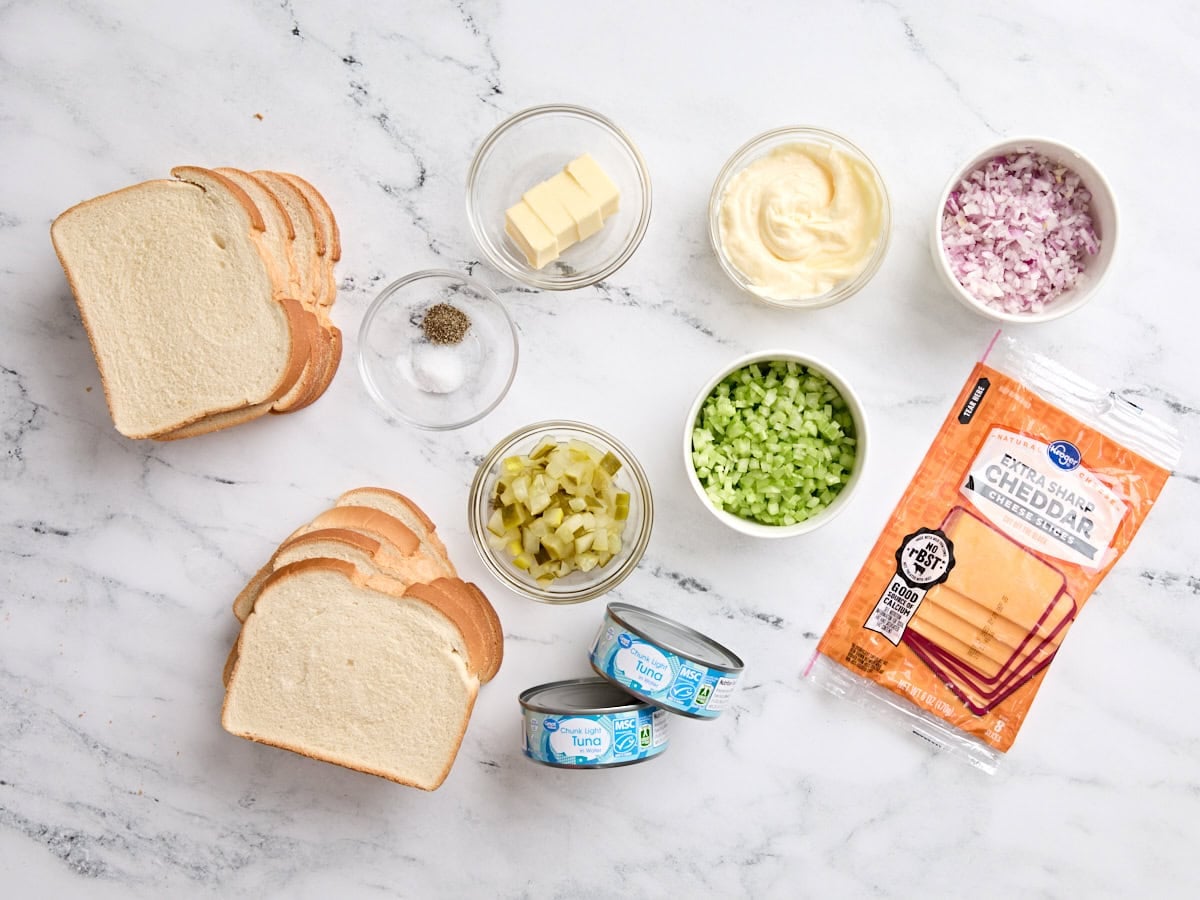 Ingredients to make a tuna melt sandwich.