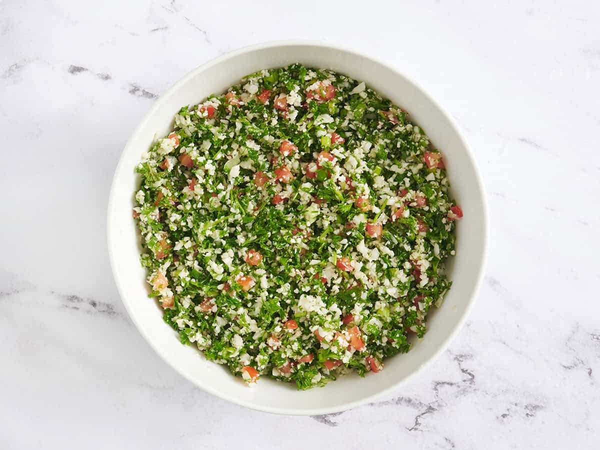 A bowl of homemade cauliflower tabbouleh.