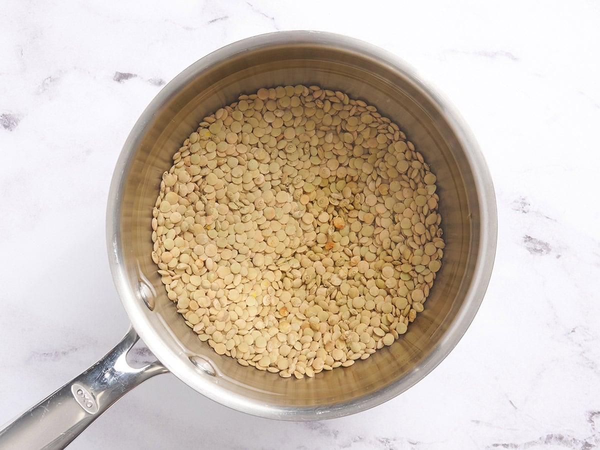 Overhead view of brown lentils in a saucepan.