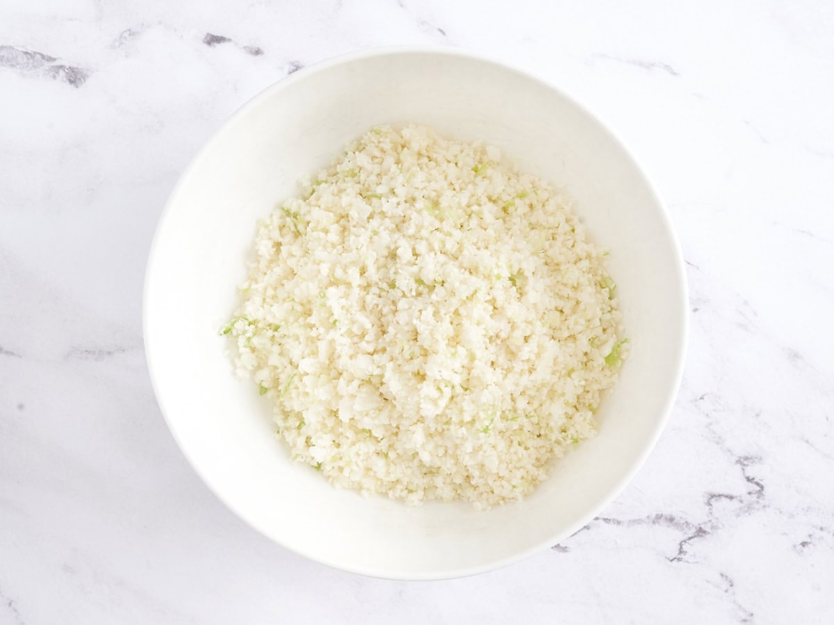 Minced cauliflower in a bowl.