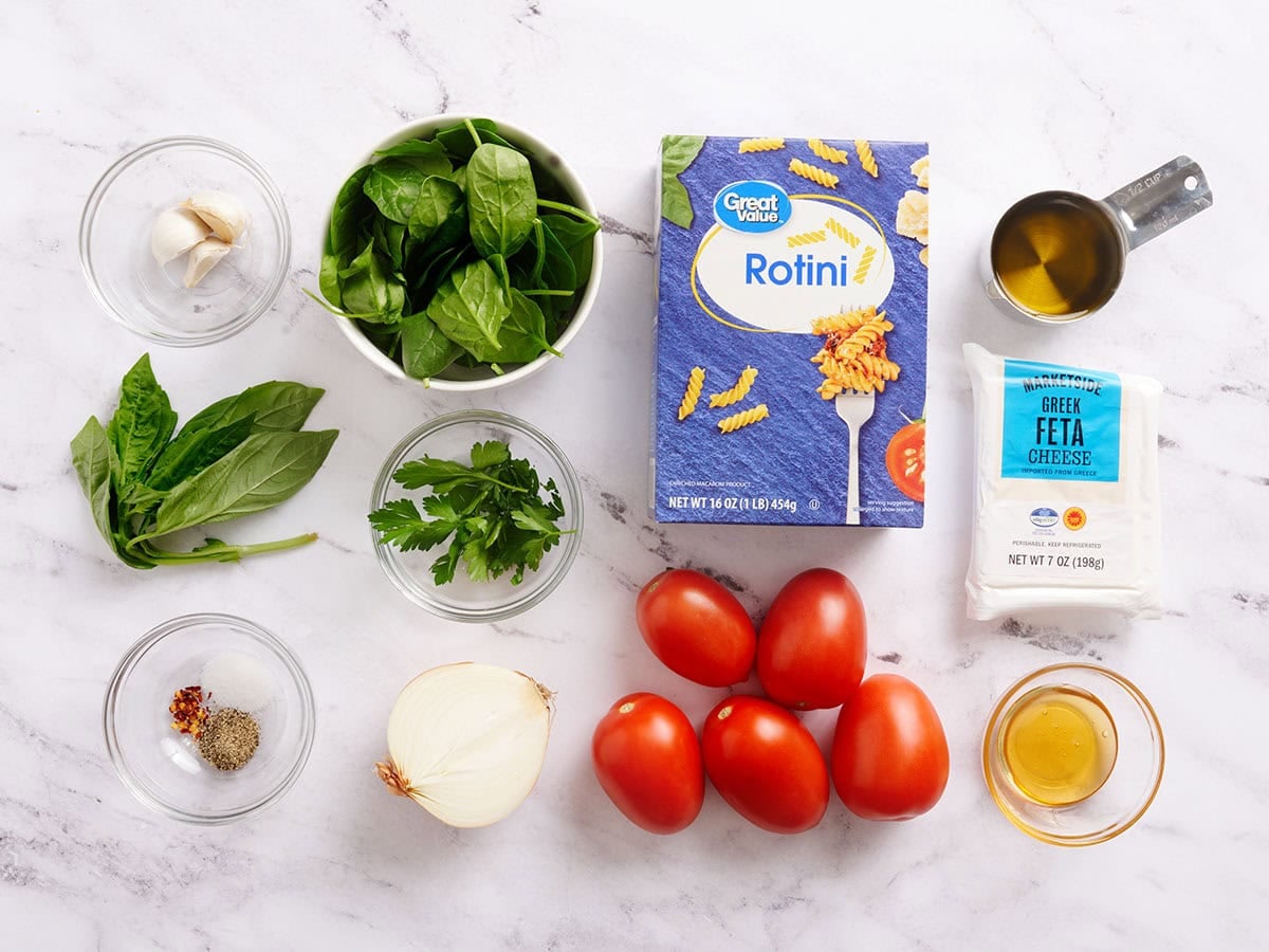 The ingredients to make baked feta pasta.