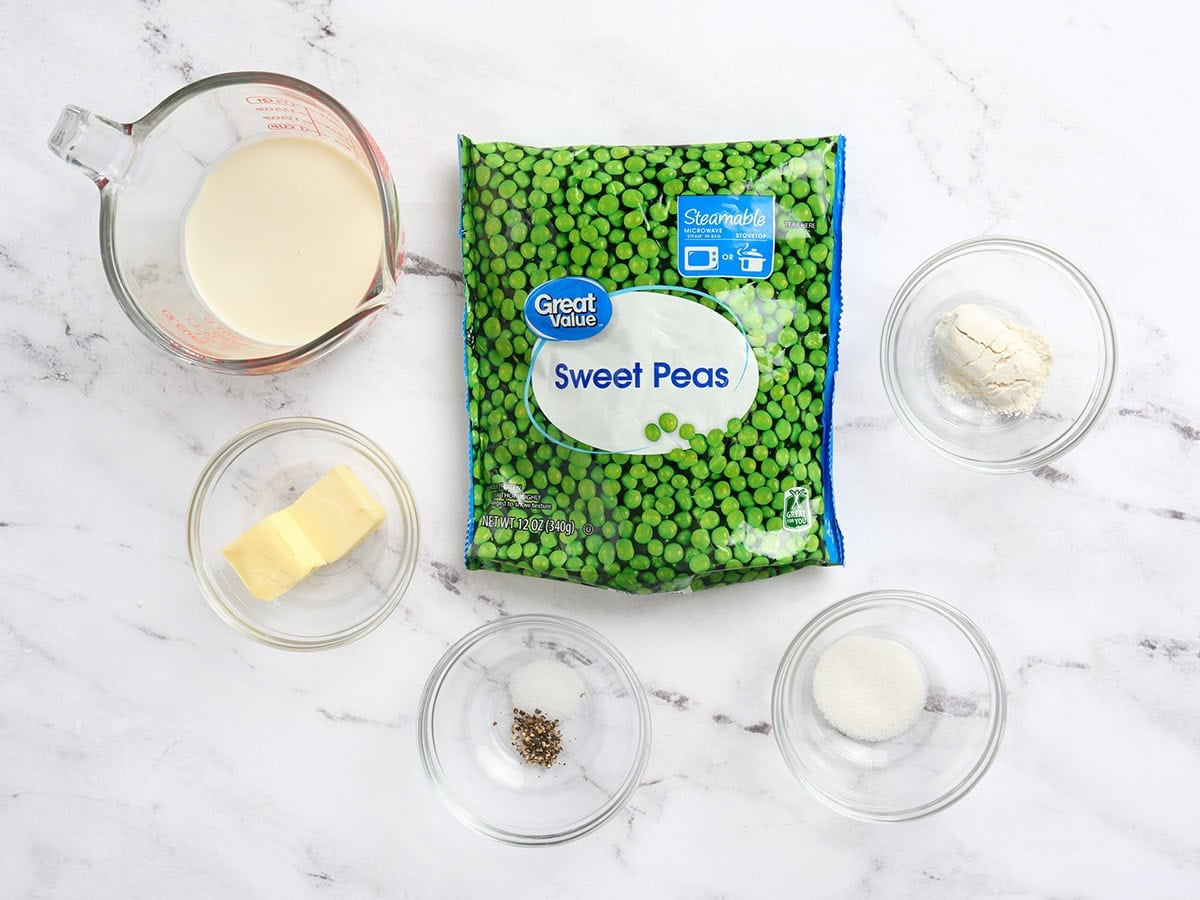 The ingredients to make creamed peas.