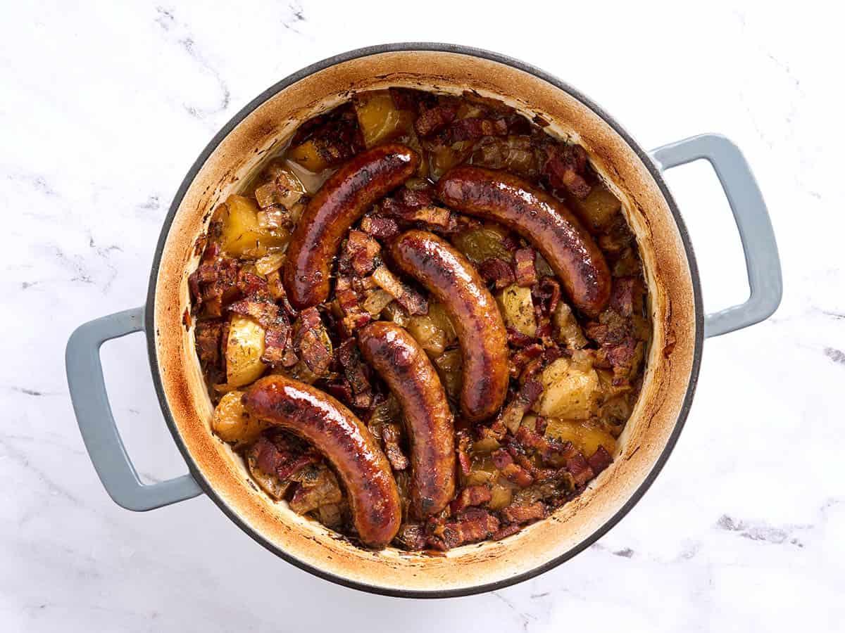 Finished Dublin coddle in a dutch oven.