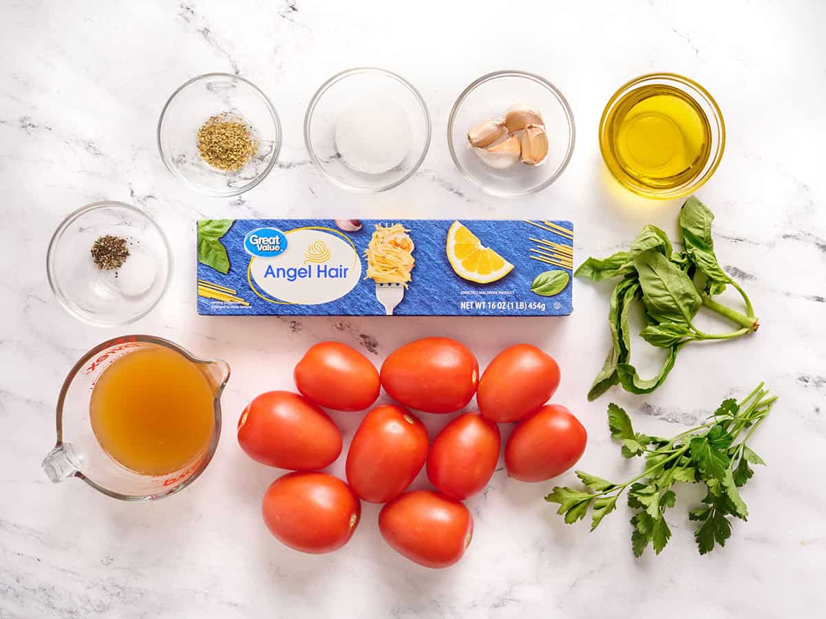 The ingredients to make Angel Hair Pasta Pomodoro.