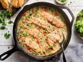 Overhead view of a Tuscan salmon skillet.