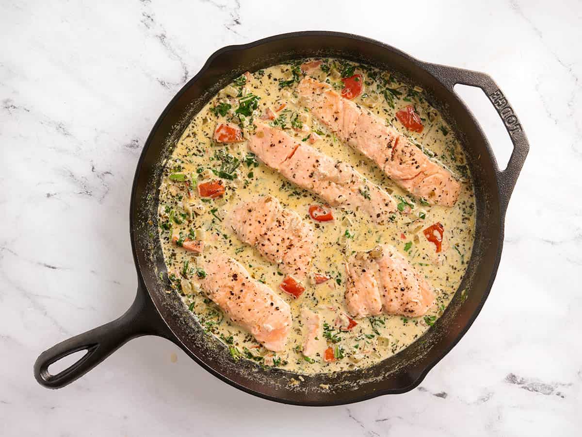Finished Tuscan salmon skillet.