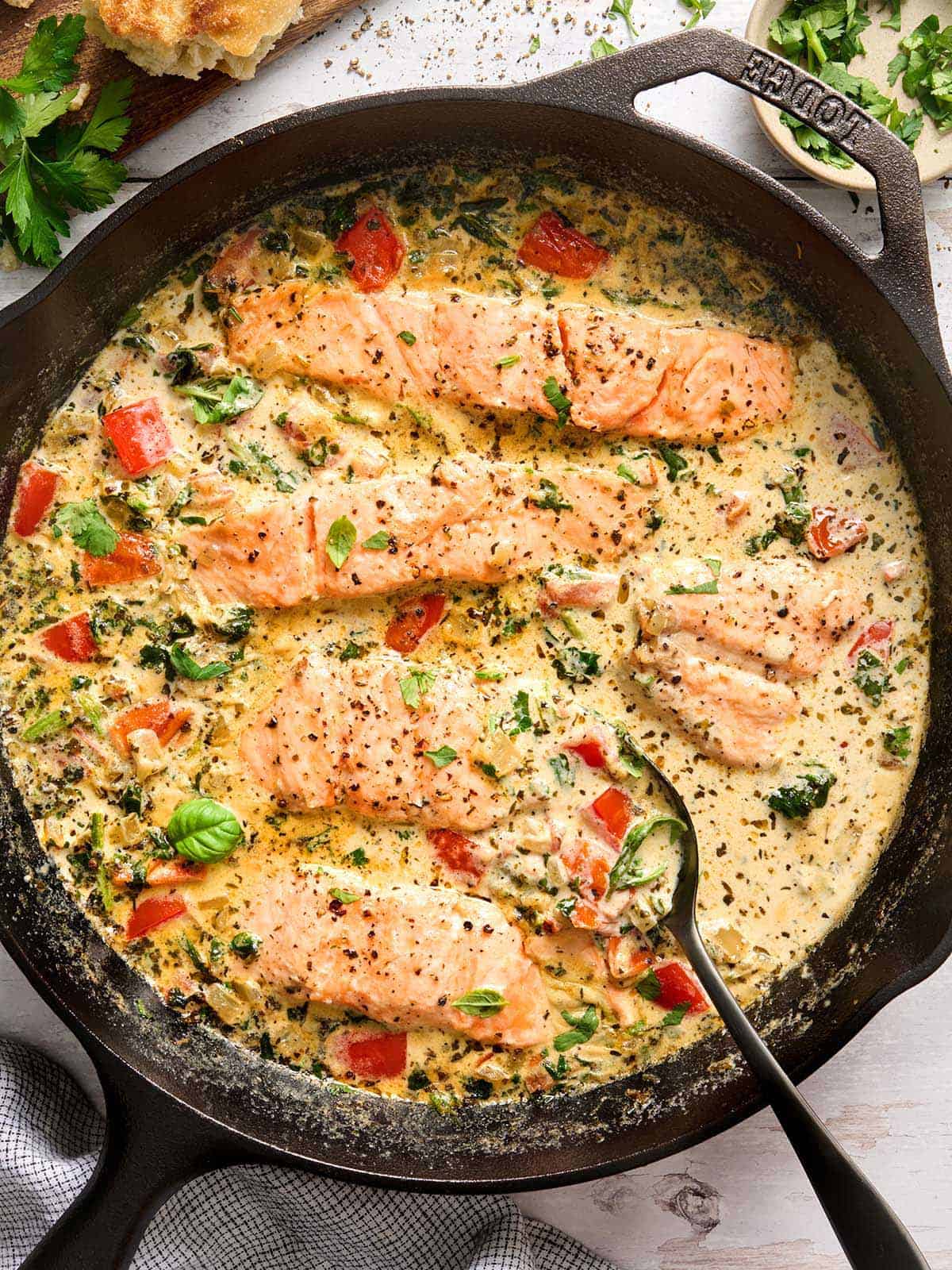 Overhead view of a Tuscan salmon skillet.